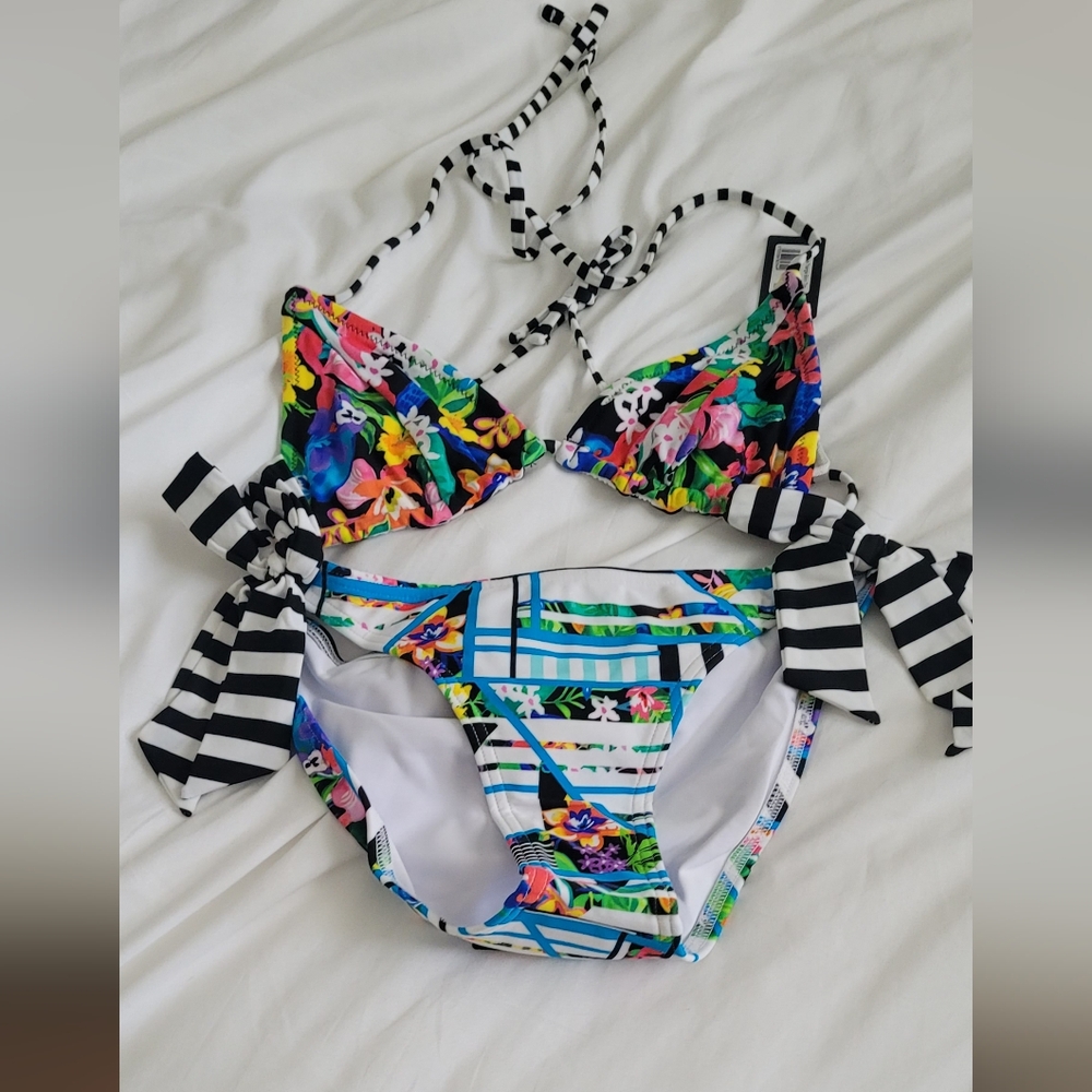 Vibrant Floral and Striped Bikini Set
